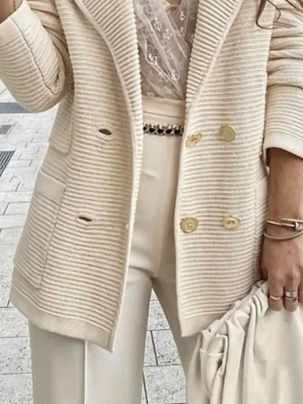 Double-Breasted Textured-Knit Blazer