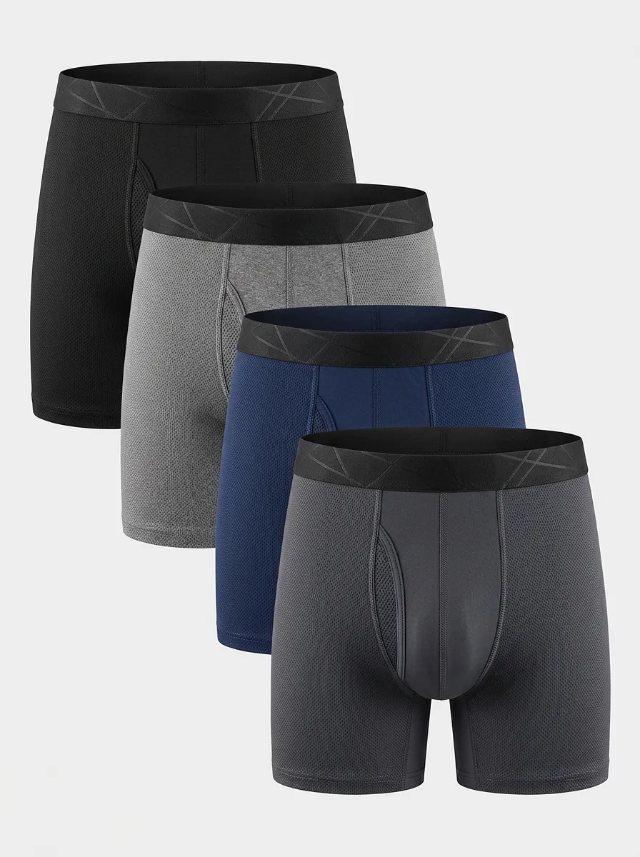 Mesh Breathable-Look Performance-Inspired Geometric Men's Boxer Briefs Four-Pack