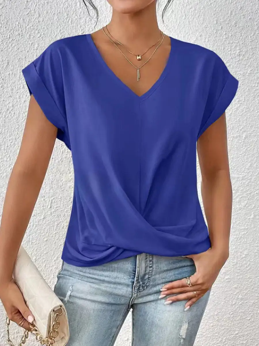 Relaxed Short Sleeve Pleat Detail V-Neck T-Shirt