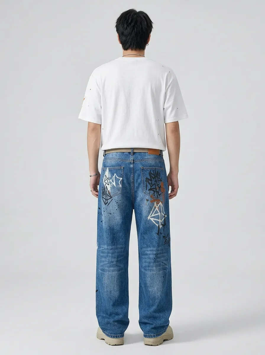 Unisex Streetwear Graffiti Star Baggy Jeans