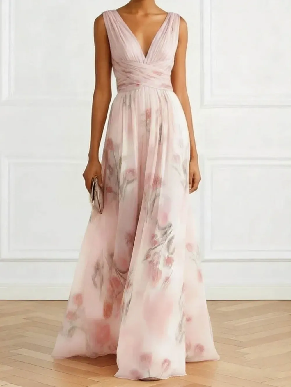 V Neck Floral Print Maxi Gown
