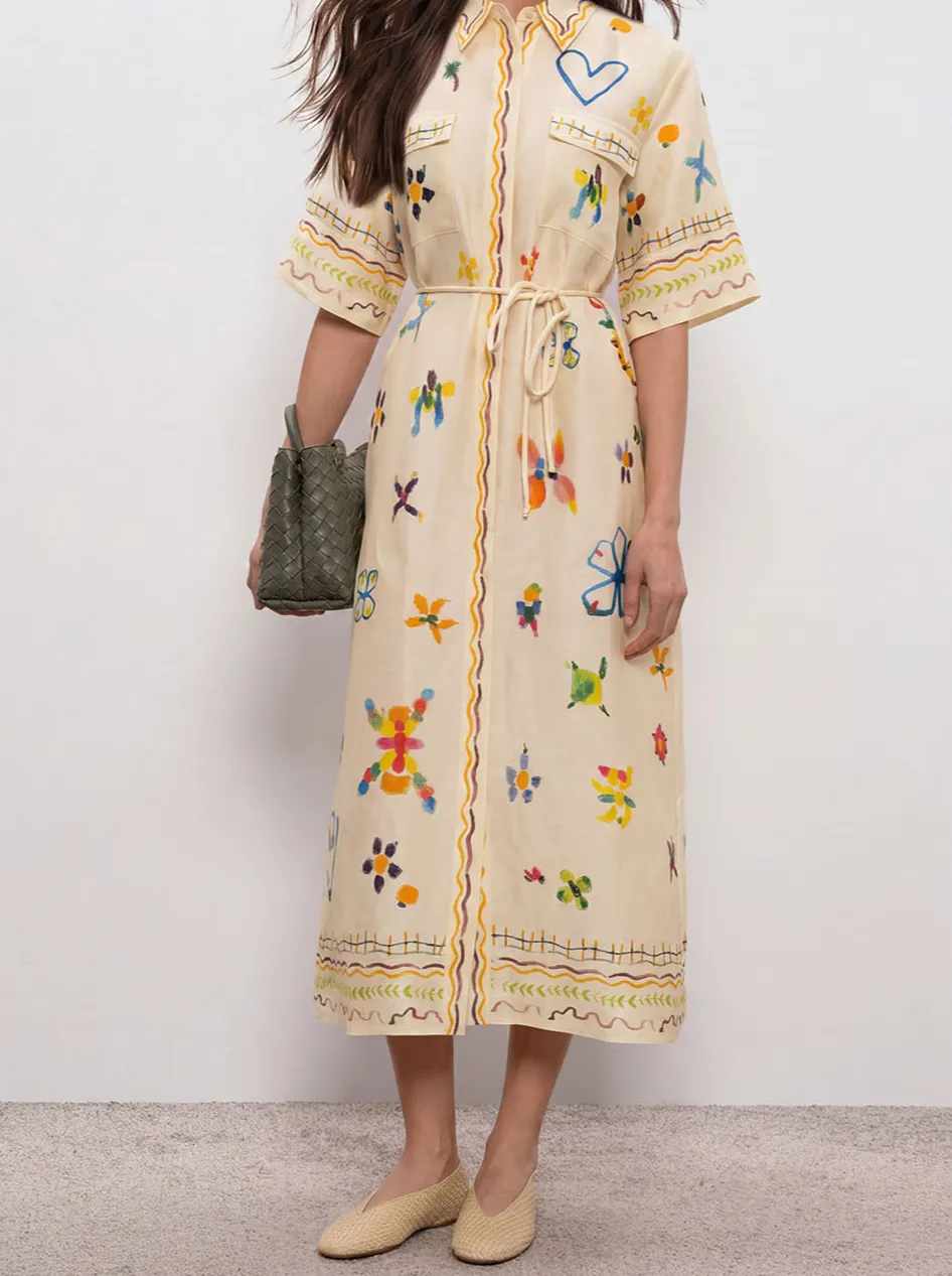 Elegant Hand Painted Watercolor Print Shirt Midi Dress