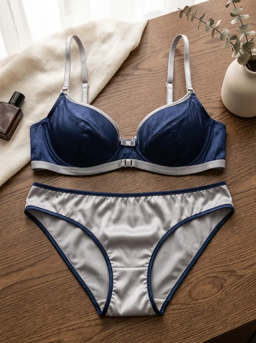 Women's Satin Contrast And Contrast Lingerie Set