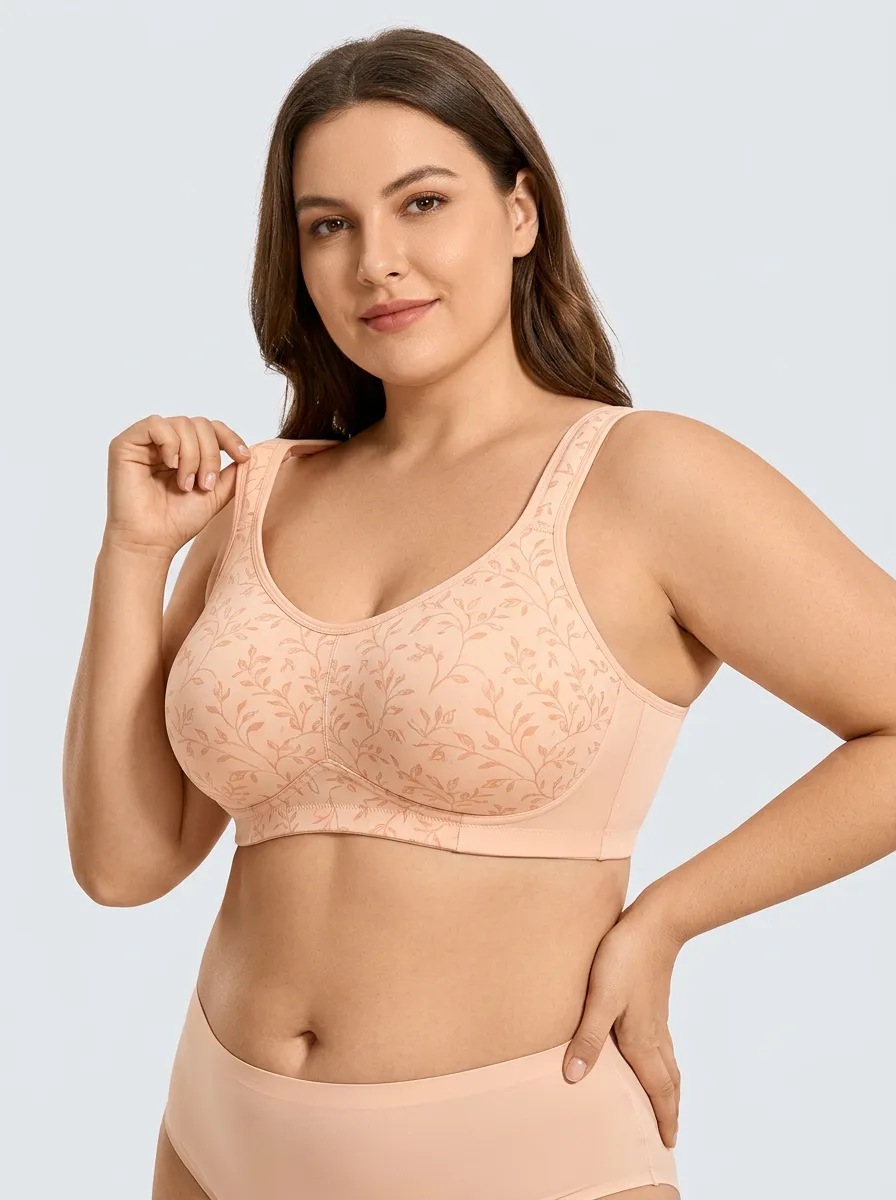 Women's Plus Size Beige Leaf Full-Coverage Wide-Strap Wireless Bra