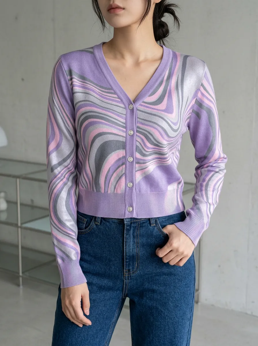 Women's Purple Wavy Pattern Printed Cardigan