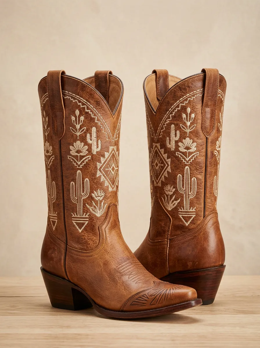 Prairie Cactus Floral Embroidered Statement Unisex Western Cowboy Boots