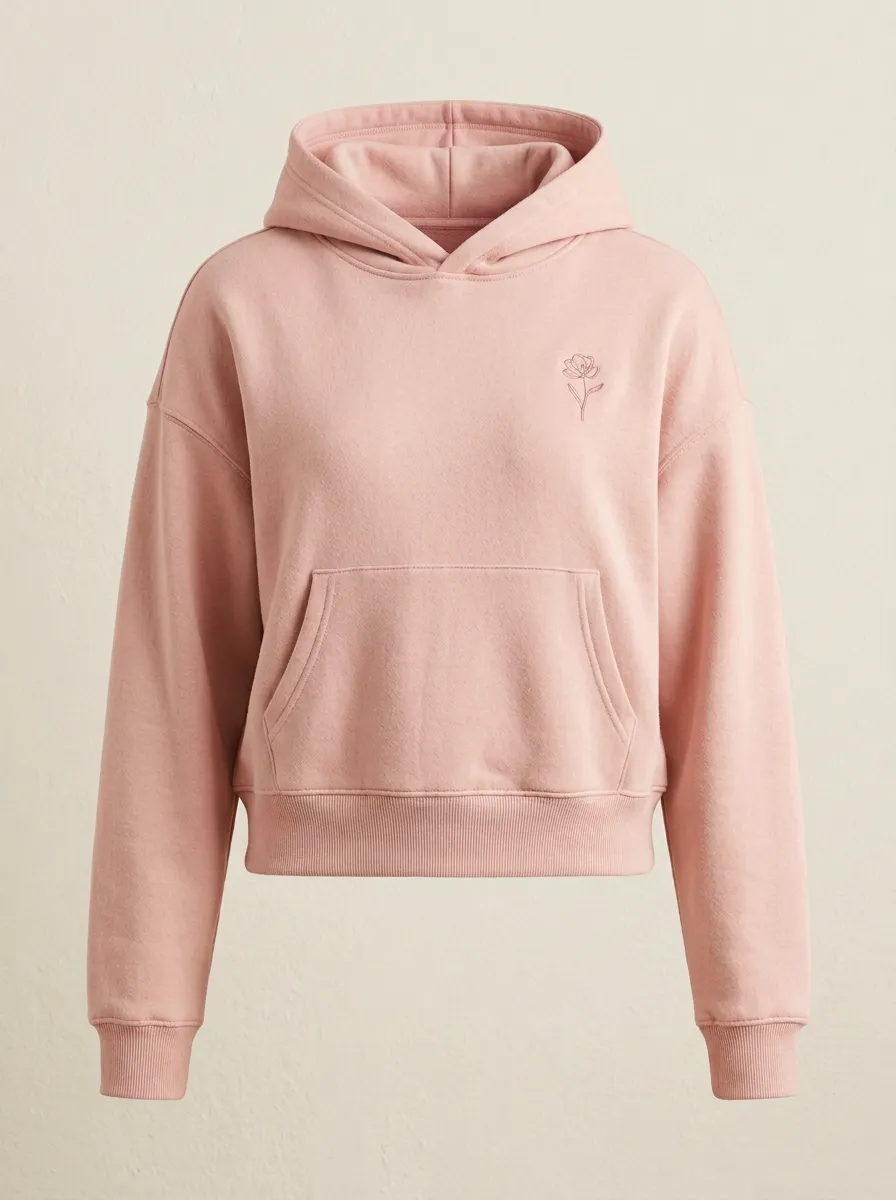 Women's Minimalist Floral Line Art Embroidered Beige Hoodie