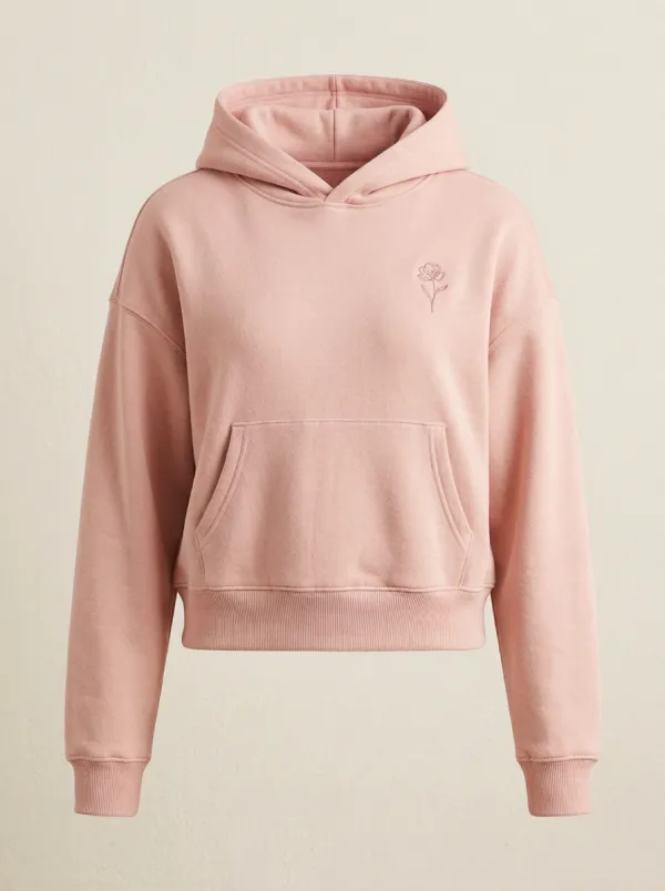 Women's Minimalist Floral Line Art Embroidered Beige Hoodie