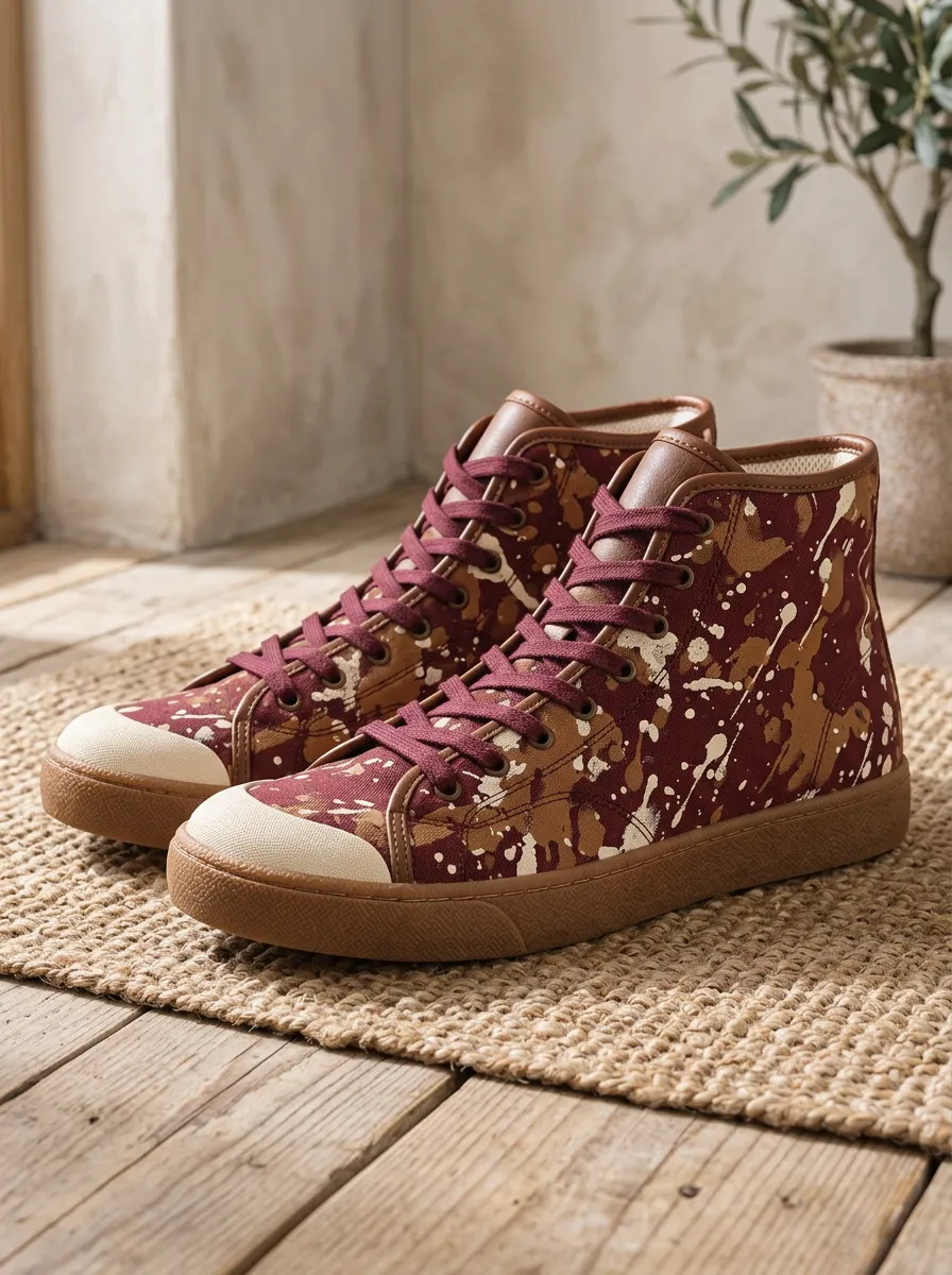 Men's Paint Splatter Burgundy Brown Printed Canvas Shoes