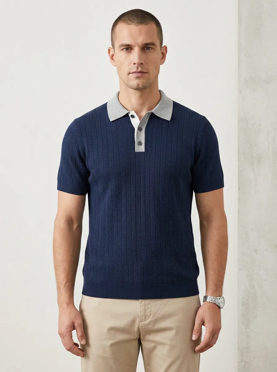 Men's Navy Blue Herringbone Textured Contrast Collar Polo Shirt