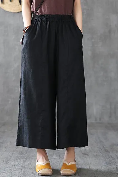 Tailored Linen Wide Leg Elastic Waist Pocketed Trousers