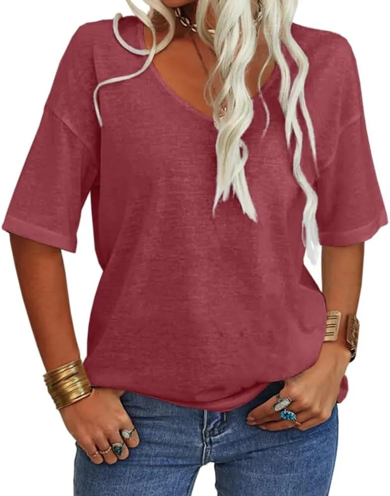 Women's Summer Casual Half Sleeve V-Neck T-Shirt Basic Top