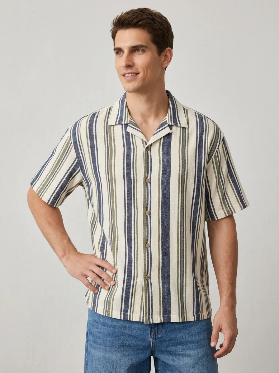 Men's Casual Summer Blue Green Striped Printed Short Sleeve Shirt