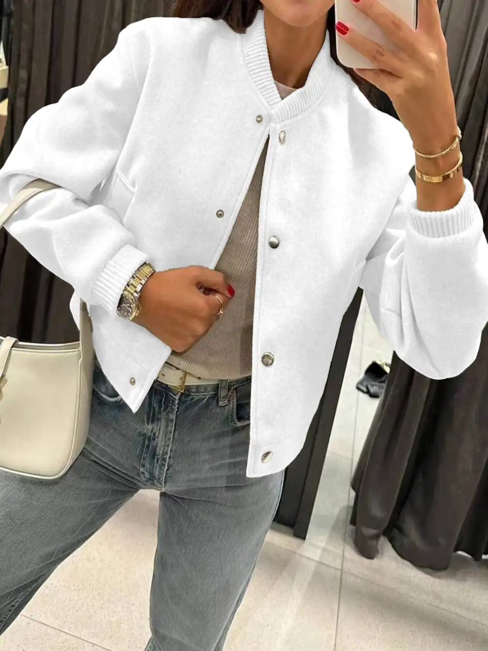 Cropped Teddy Ribbed Trim Bomber Jacket