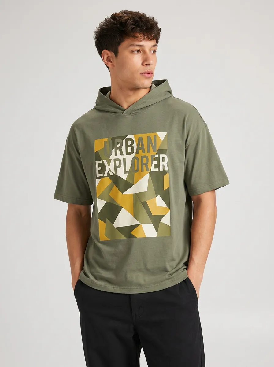 Men's Urban Explorer Geometric Printed Hooded T-shirt with Dropped Shoulders