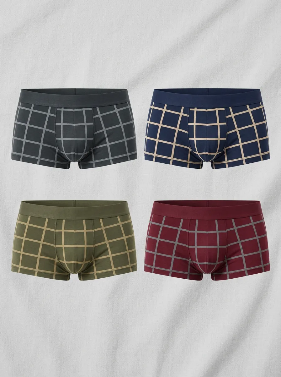 Men's Plaid Grid Pattern Printed Boxer Briefs 4-Pack