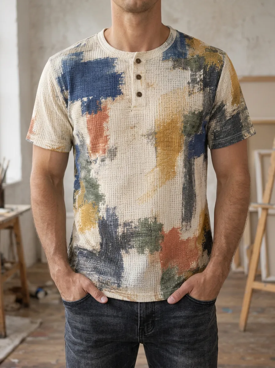 Men's Modern Abstract Art Print Waffle Knit Henley T-Shirt