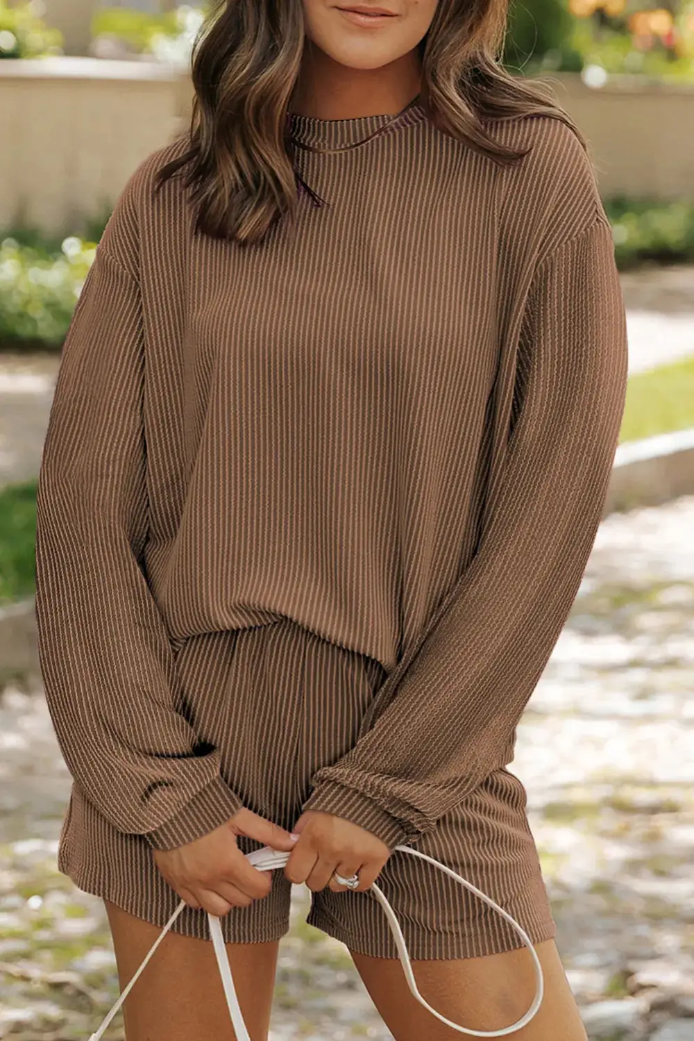 Round Neck Long Sleeve Top And Shorts Set