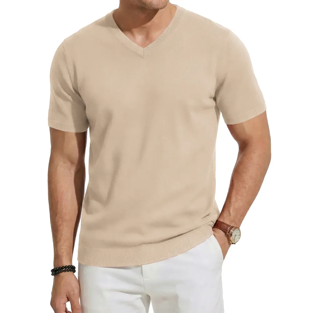 Men's Wool Blend Short Sleeve V-Neck Sweater Soft Textured Knit Pullover for Business Casual Wear