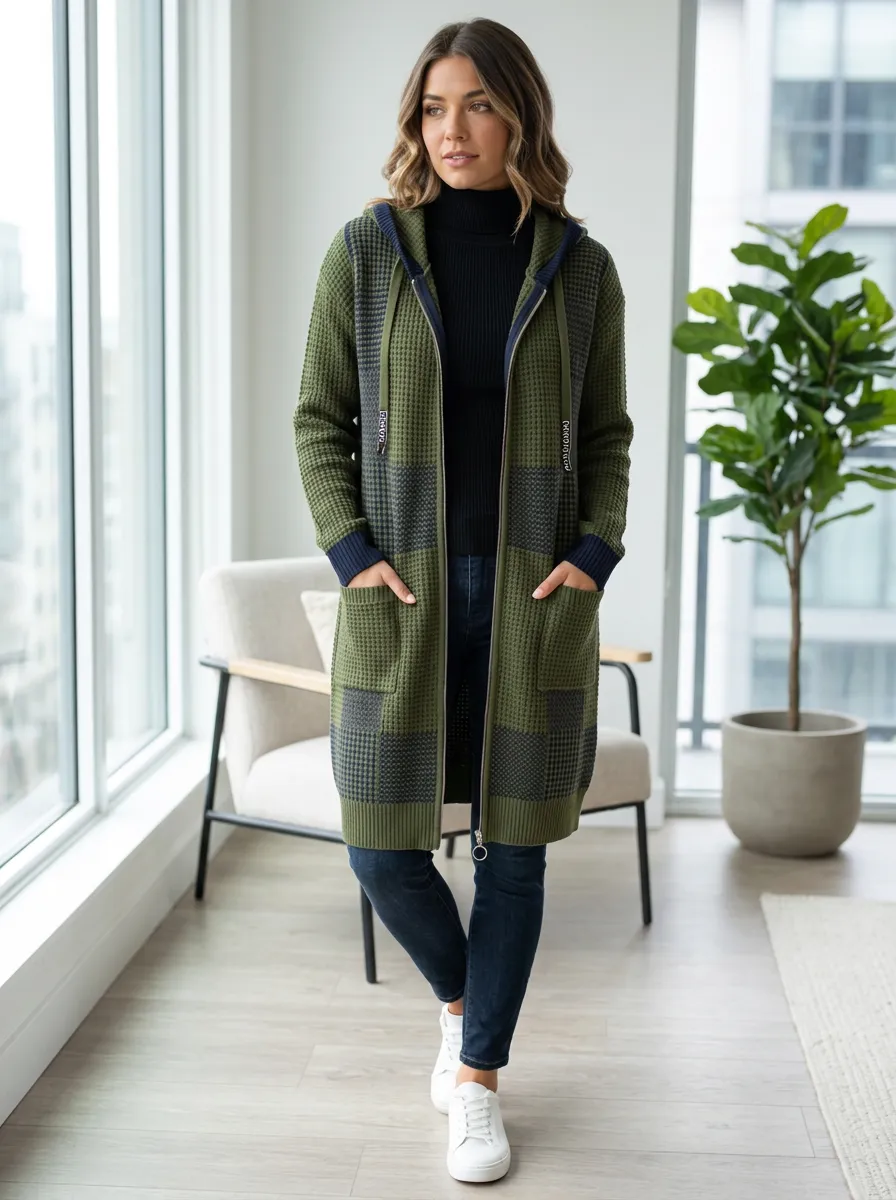 Women's Casual Style Olive Green Plaid Waffle Knit Hooded Cardigan