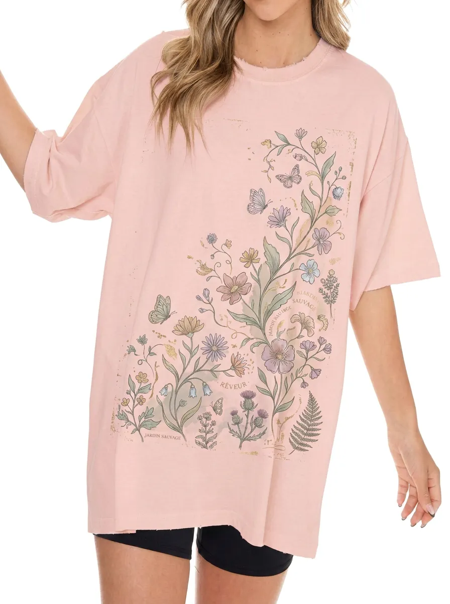 Women's Botanical Butterfly Garden Printed Oversized T-shirt
