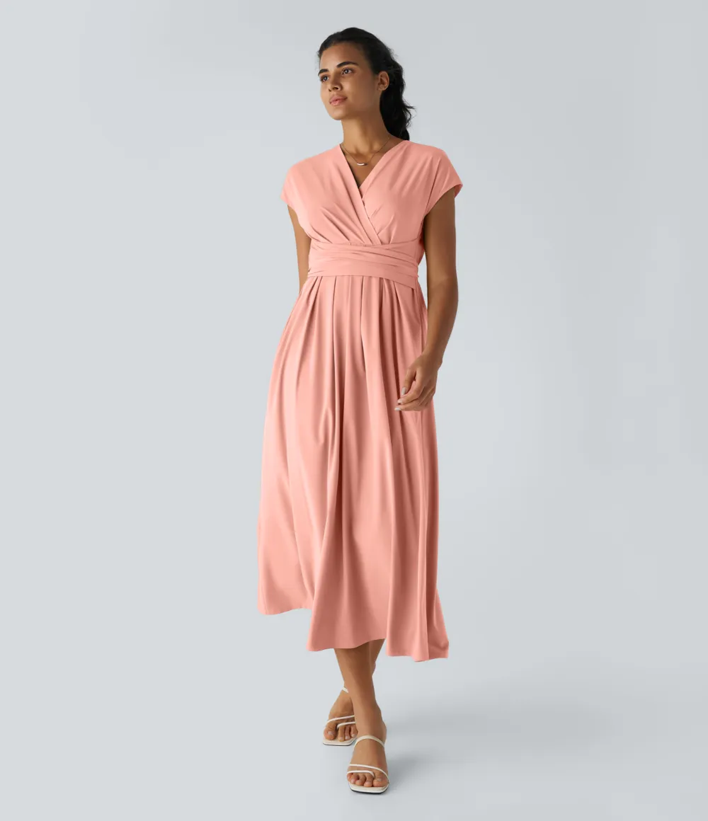 Breezeful V Neck Short Sleeve Side Pocket Tie Back Quick Dry Midi Casual Dress