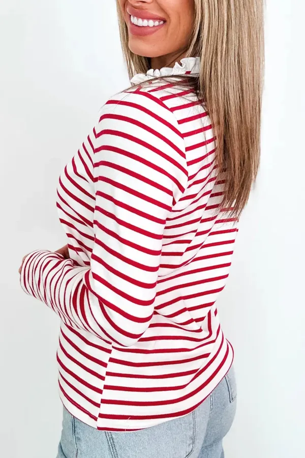 Women's Striped Long Sleeve Contrast Trim Top