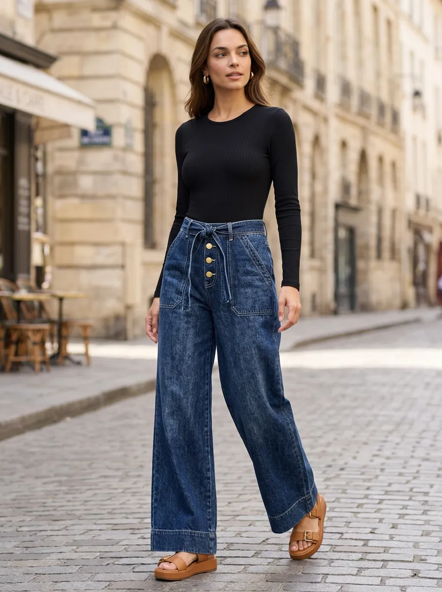 Women's High Waisted Button Front Wide Leg Denim Pants