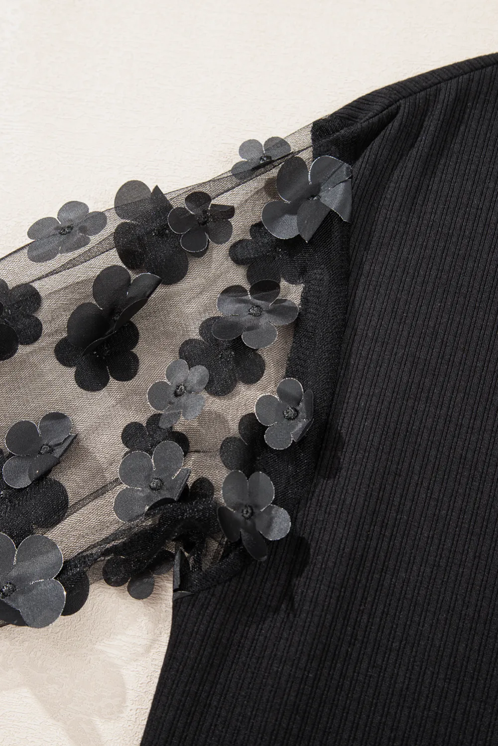 Black Flower Applique Mesh Long Sleeve Blouse