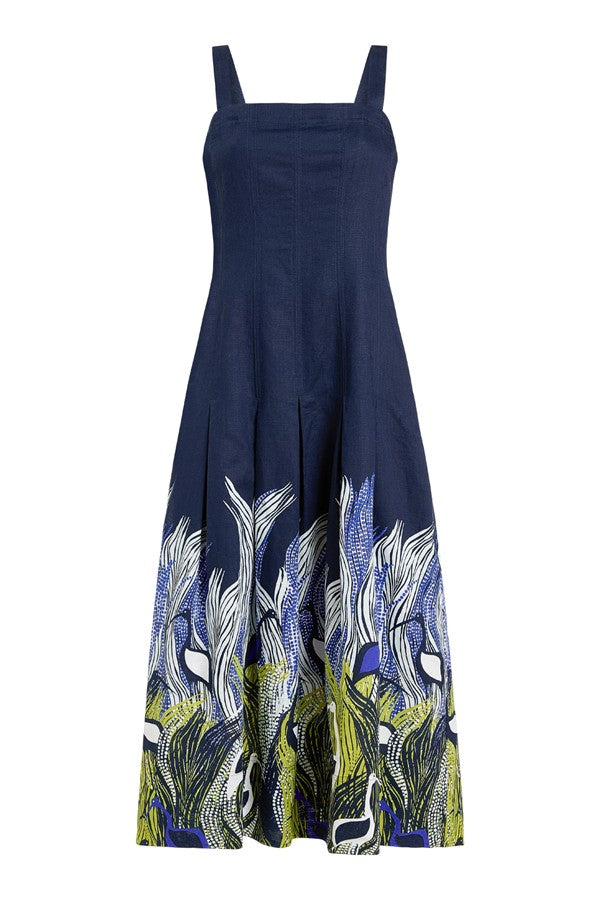 Blue Floral Print Sleeveless Midi Dress
