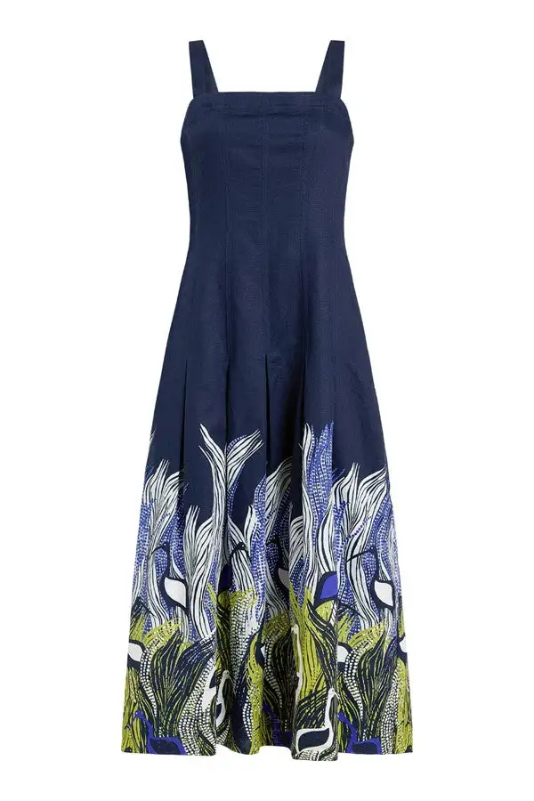 Blue Floral Print Sleeveless Midi Dress