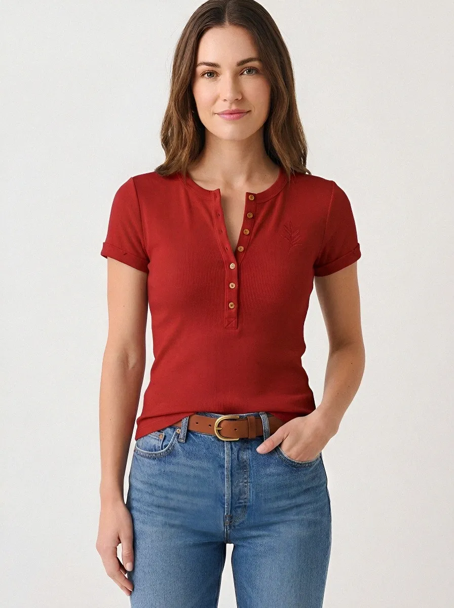 Women's Minimalist Nature Lover Leaf Printed Henley Shirt