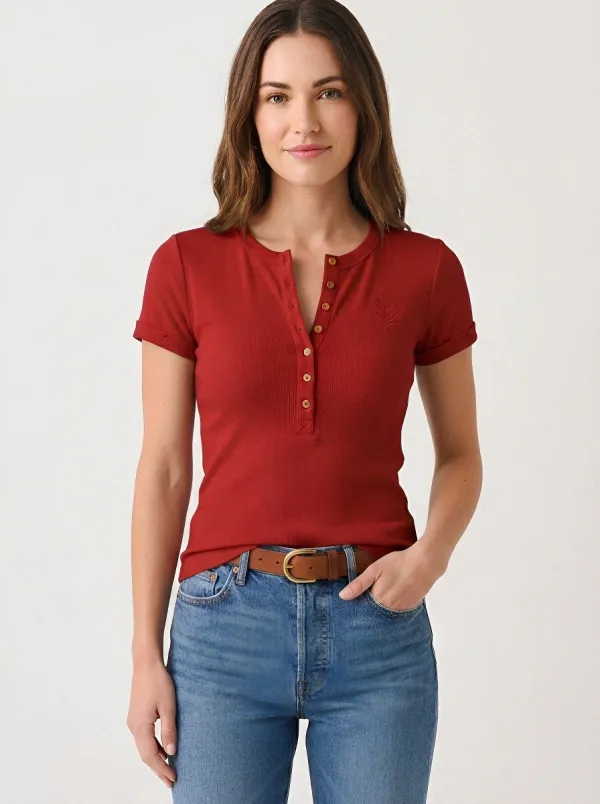 Women's Minimalist Nature Lover Leaf Printed Henley Shirt