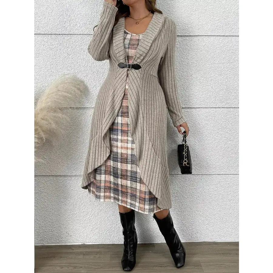 Plaid Dress & Ribbed Knit Cardigan Set