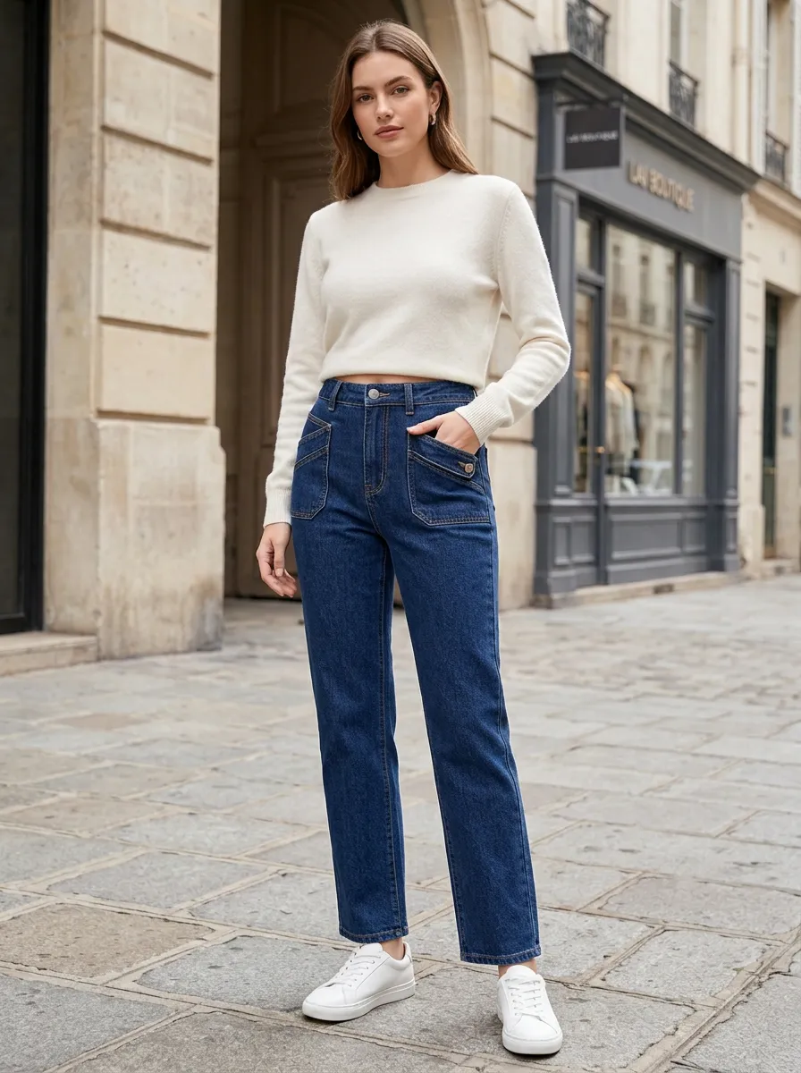 Women's High Waisted Patch Pocket Straight Leg Denim Jeans
