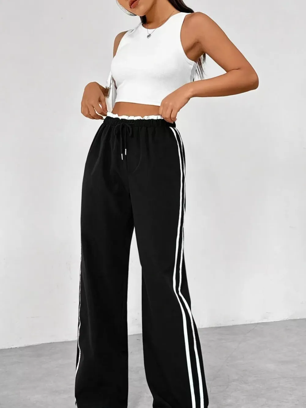 Striped Drawstring Waist Wide Leg Pants