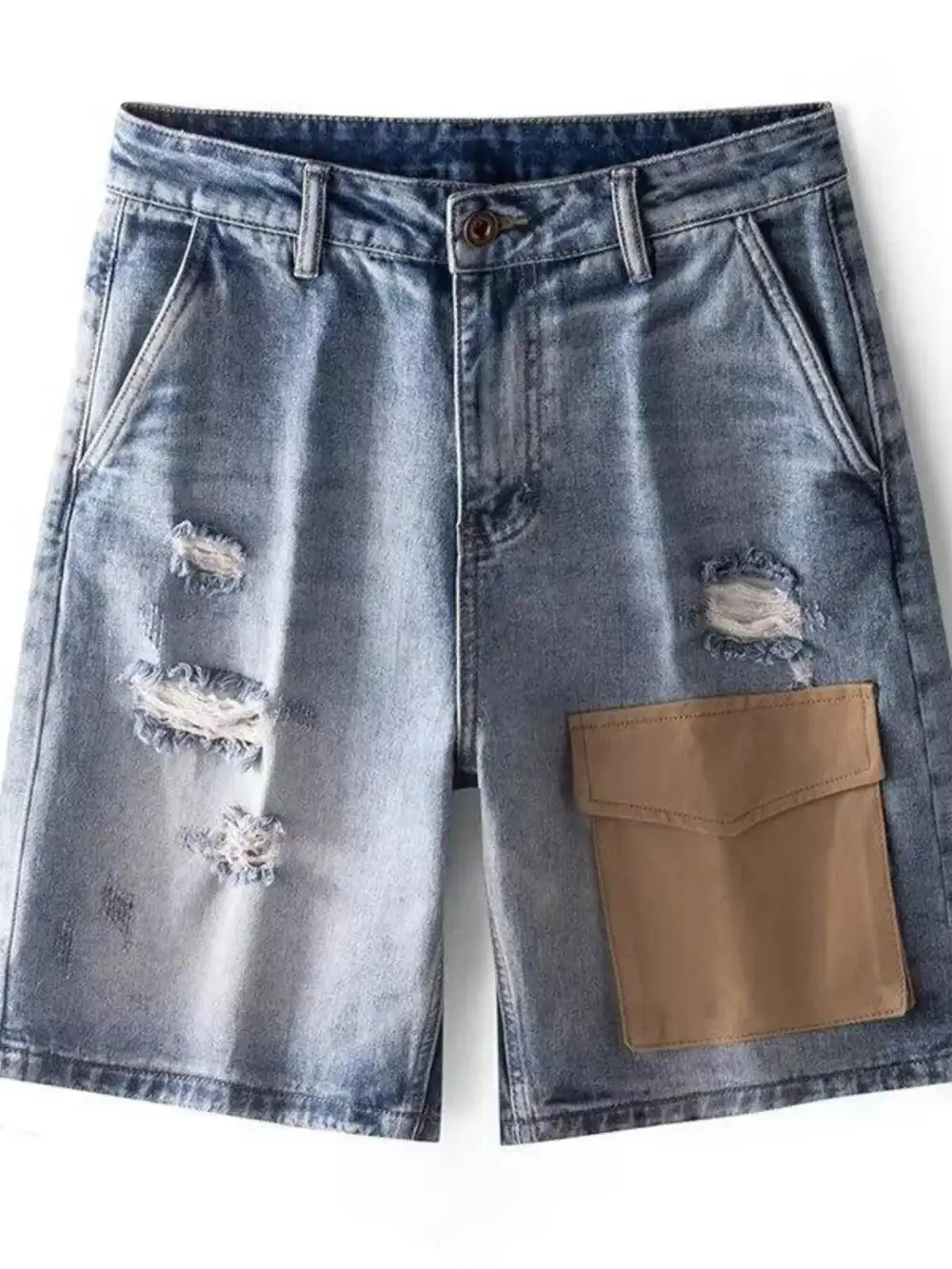 Utility Pocket Distressed Pocket Detail Washed Denim Shorts
