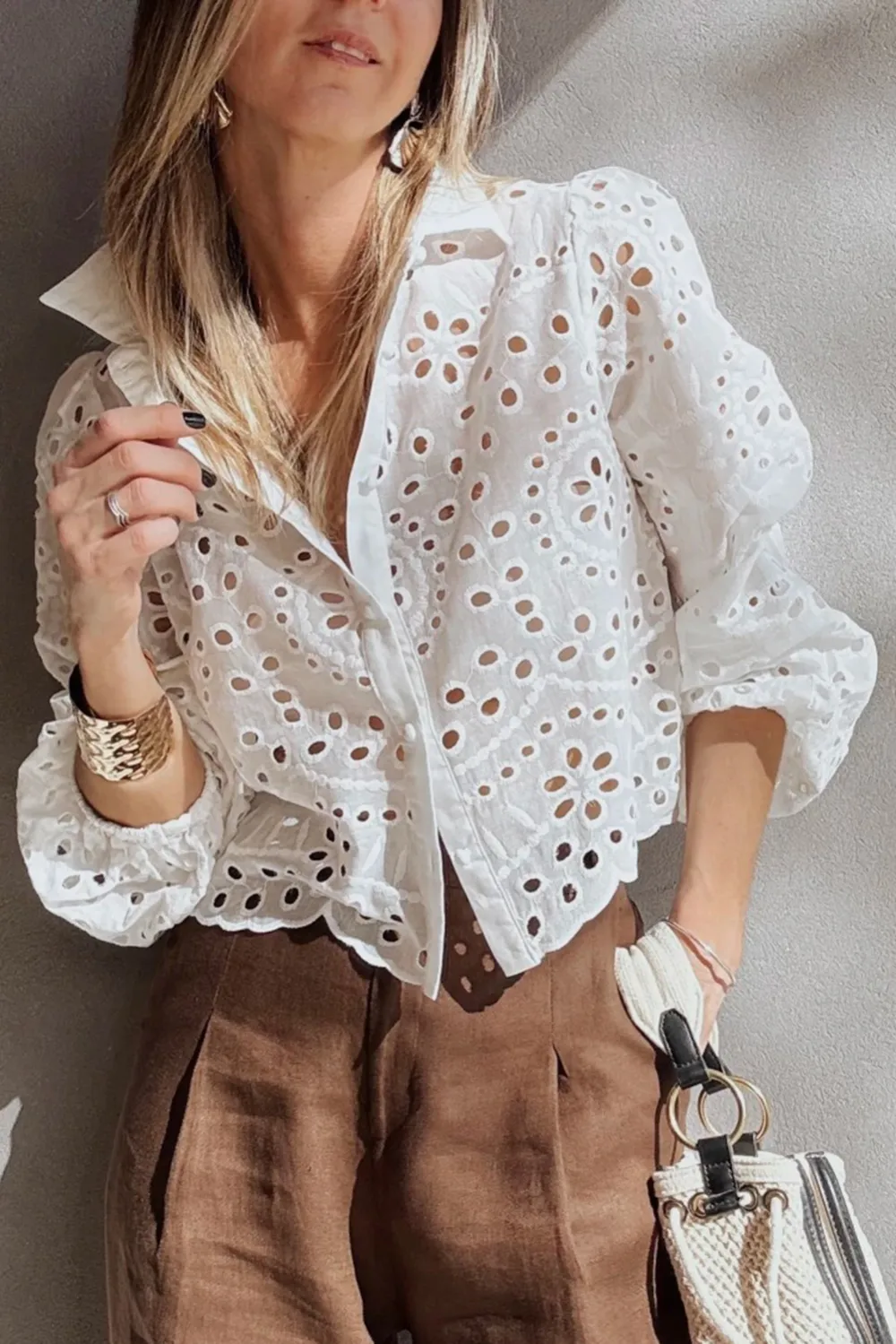 White Eyelet Embroidered Puff Sleeve Shirt