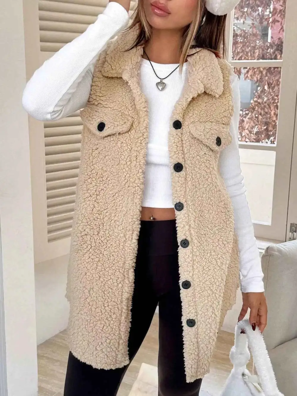 Button Down Sherpa Fleece Vest Coat