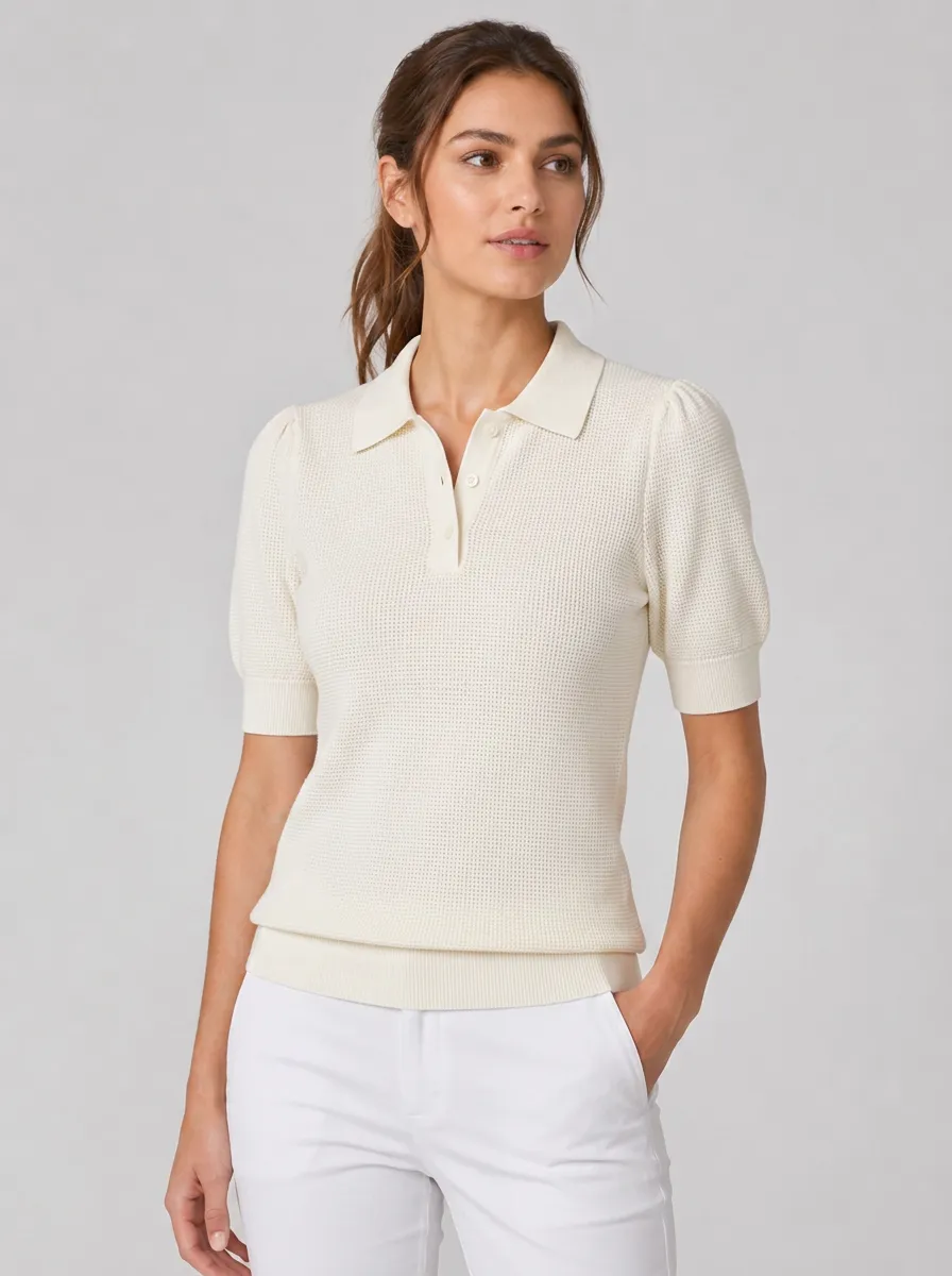 Women's Equestrian Lover Horse Pattern Printed Textured Puff Sleeve Polo Shirt