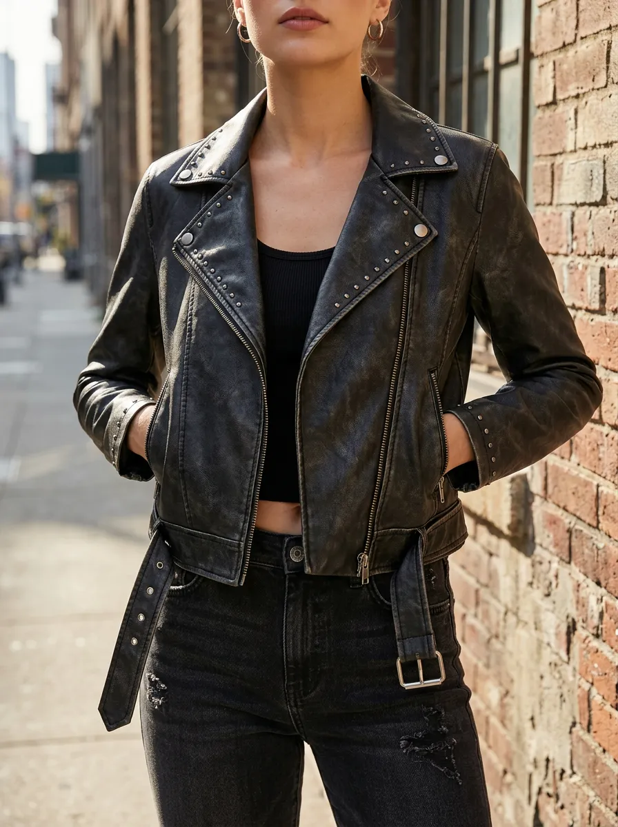 Women's Rock Studded Black Faux Leather Biker Jacket