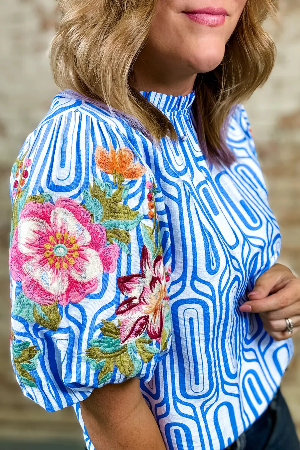 Sky Blue Geometry Print Floral Blouse