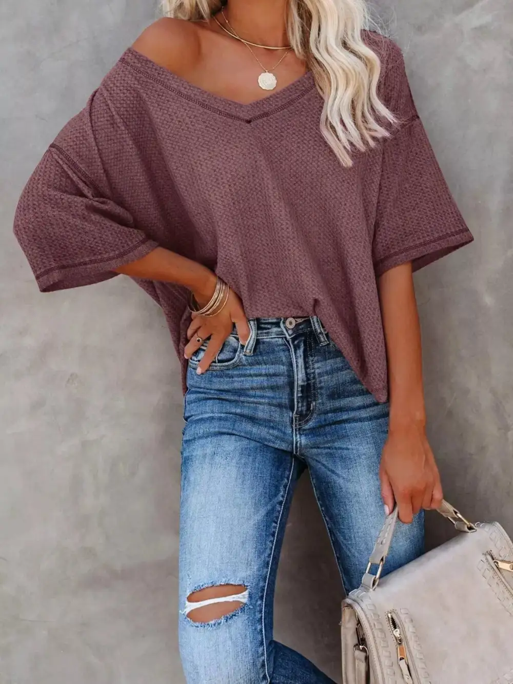 Relaxed V-Neck Short-Sleeve Knit T-Shirt