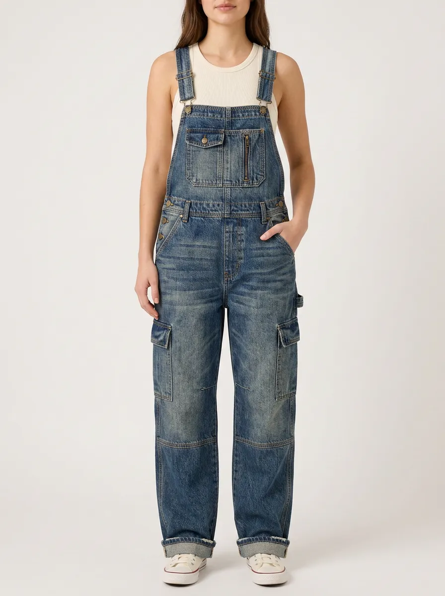 Women's Vintage Cargo Pocket Denim Overalls