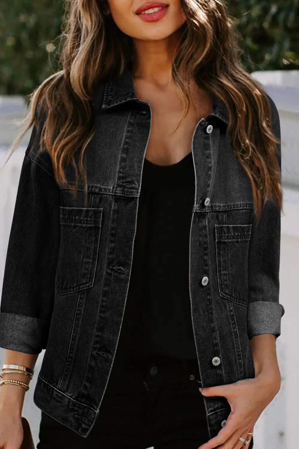 Women's Washed Oversize Pocketed Denim Jacket