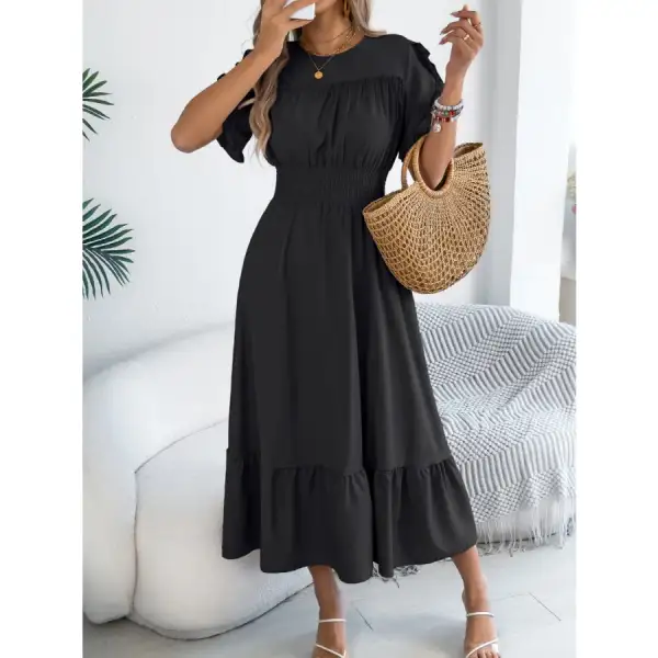 Smocked Frill Round Neck Midi Dress