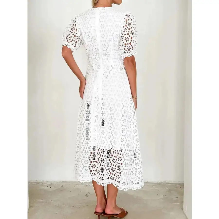 Eyelet Lace V-Neck Midi Dress with Puff Sleeves