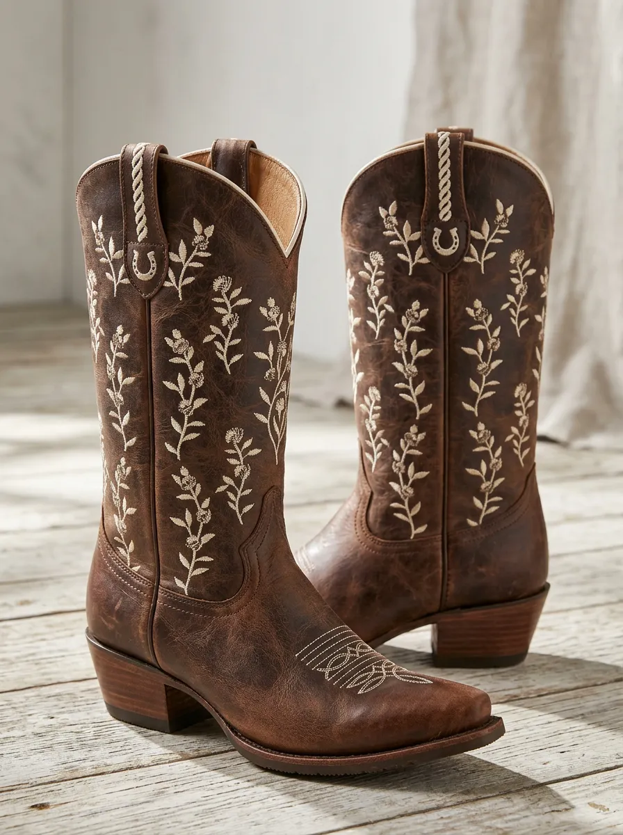 Desert Floral Horseshoe Embroidered Look Unisex Western Cowboy Boots