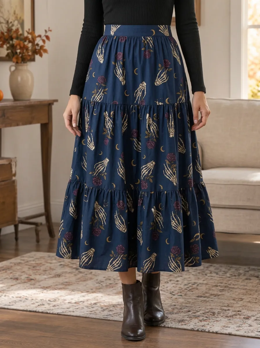Women's Halloween Gothic Skeleton Hand Rose Moon Printed Tiered Midi Skirt