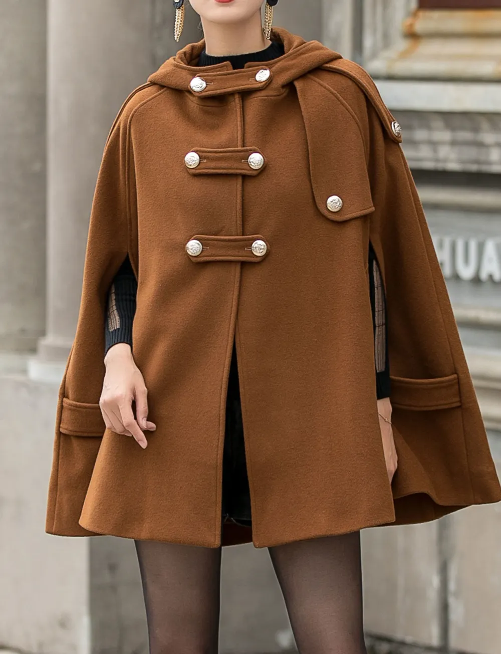 Structured Wool Blend Cape Hooded Double Breasted Cape Detail Coat